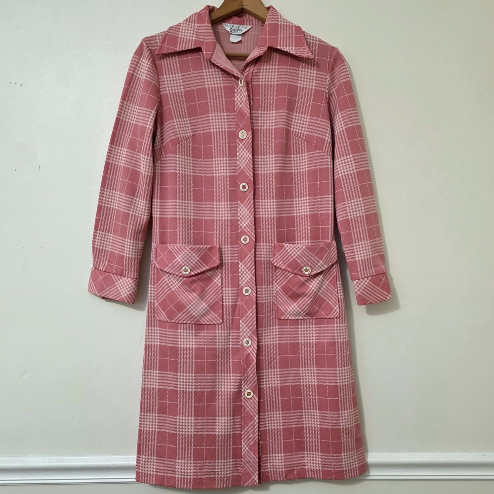 Vintage 70s Pink Plaid Button Front Shirt Dress Sz L Retro Mod Cottage Granny